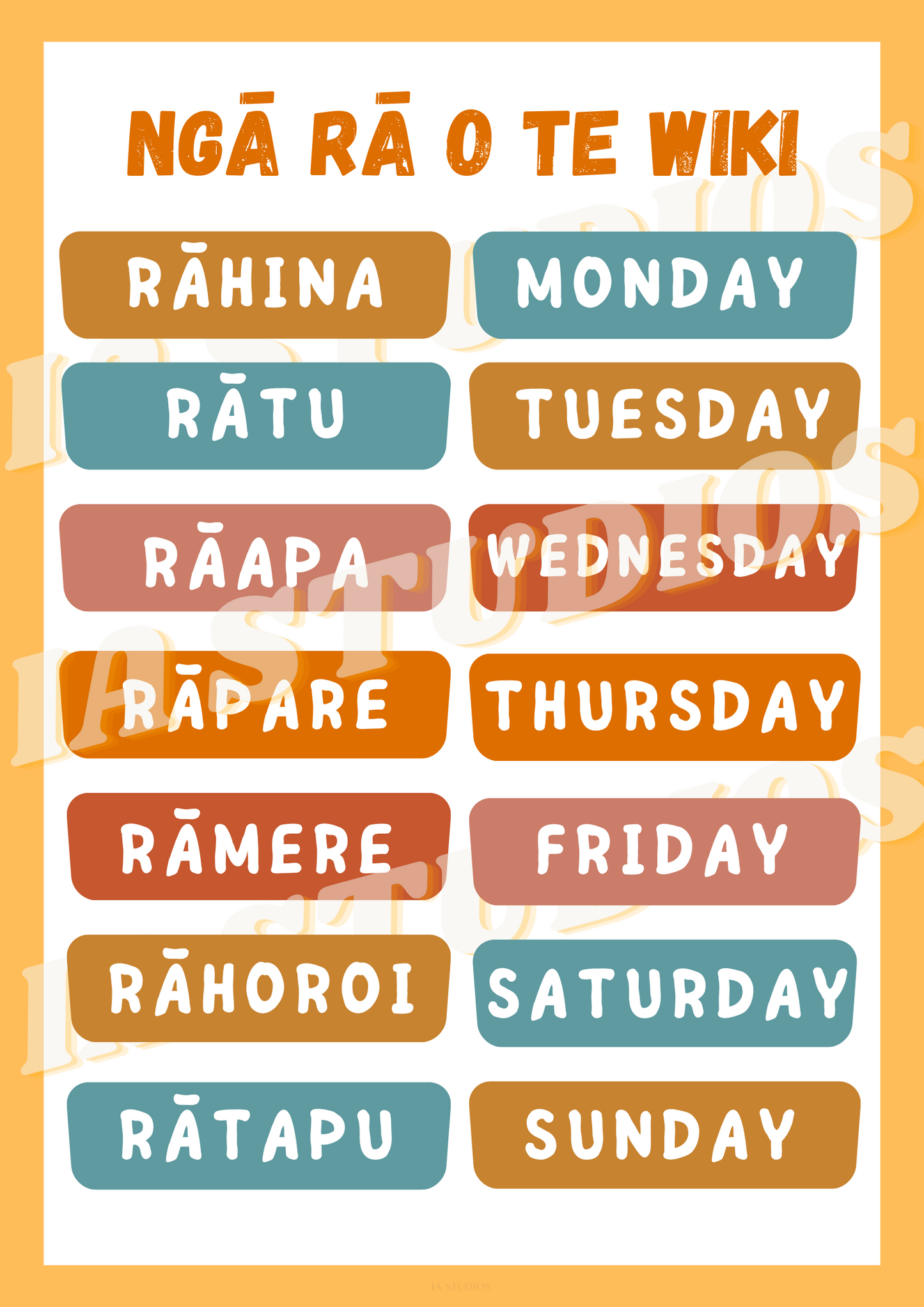 Ngā ra o Te Wiki - The Days of The Week - In Reo Maori and English - Ia Studios