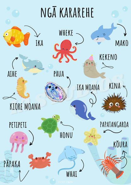Ngā Karahere - Te Reo Māori Sea Animals. Maori Ocean Animal Names. Te Reo Māori print
Māori sea animals
Ngā Kararehe
Māori educational poster
NZ made wall art
Classroom resources
Kōhanga reo decor
Kids room art NZ
Māori language learning